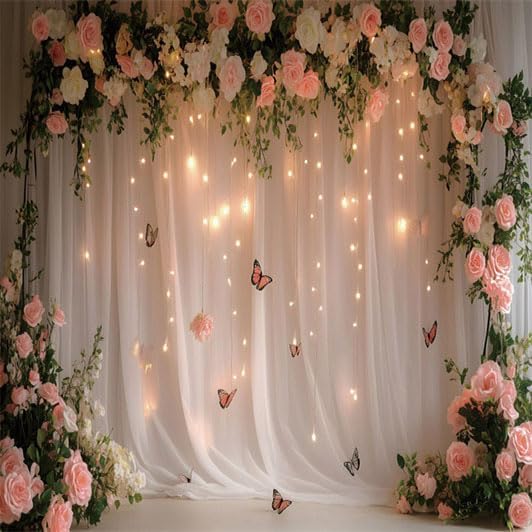 8x8ft Pink White Rose Flowers Wedding Backdrop White Curtain Glitter Light Butterfly Decoration Photography Background Children Baby Shower Birthday Party Backdrop for Video Studio Prop