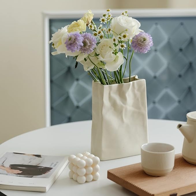 WENSHUO Crinkle Paper Bag Shape Ceramic Vase, Large Capacity for Flower Arrangement, Bookshelf Decorative (Matte Crème)