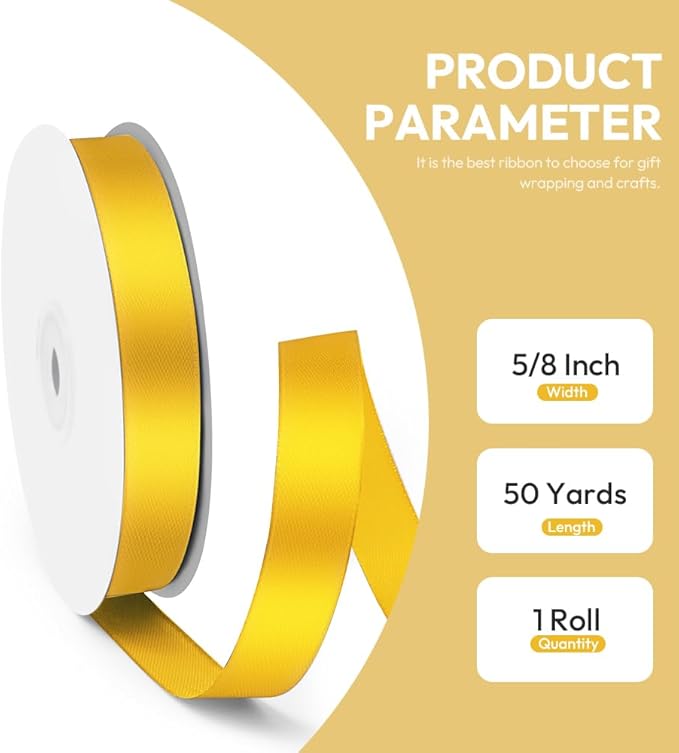 5/8" x 50 Yards Satin Ribbon - Yellow Silk Ribbon with Spool - Ideal for Gift Wrapping, Floral Bouquets, Crafts, Wedding Party Decorations, Christmas and Sewing Projects