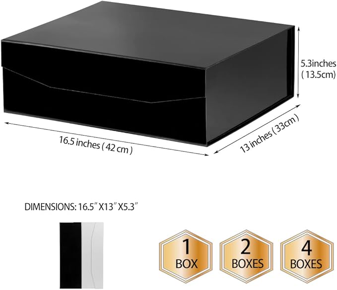 Black Extra Large Gift Box with Lid 2 Pcs 16.5 x 13 x 5.3 Inches, Gift Box large Black Gift Boxes for Presents Clothes Robe Wedding Dress Sweater,Reusable Foldable Bridesmaid Proposal Box（Glossy）