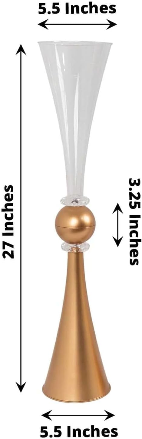Efavormart 2 Pack Clear Gold Crystal Embellishment Trumpet Table Centerpiece, Reversible Plastic Flower Vase - 27"