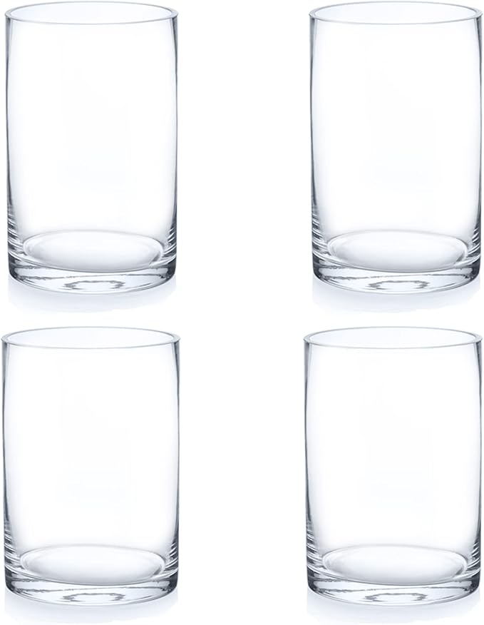 Enova Floral Set of 4 Clear Cylinder Glass Vase 6W x 8H Inches, Clear Flower Vases, Pillar Candle Hurricane Floating Candle Holder Vase, Glass Flower Vase for Wedding Centerpieces, Home Décor
