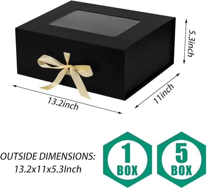 Black Gift Box for Presents with Ribbon 13.2x11x5.3 Inches Clear Gift Box with Window Magnetic Closure Gift Boxes with Lids