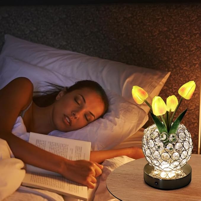 Cordless Tulip Flower Lamps, 3 Colors Touch Stepless Dimming Crystal Night Light, Rechargeable Artificial LED Flower with Vase Lamp Romantic Decor for Mothers Day,Xmas,Birthday (OG)