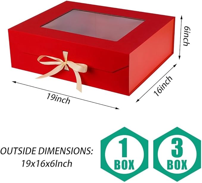 3 Pcs Extra Large Red Gift Box for Presents with Ribbon 19x16x6 Inches Clear Gift Box with Window Magnetic Closure Gift Boxes with Lids
