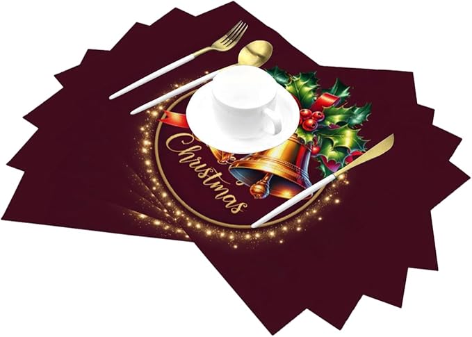 PVC Placemats Set of 4 Wipeable Table Mats Washable Heat Resistant Non Slip Vinyl Dining Table Mat for Kitchen Indoor Outdoor Patio Farmhouse Place Mats Christmas Bell Red Decorative