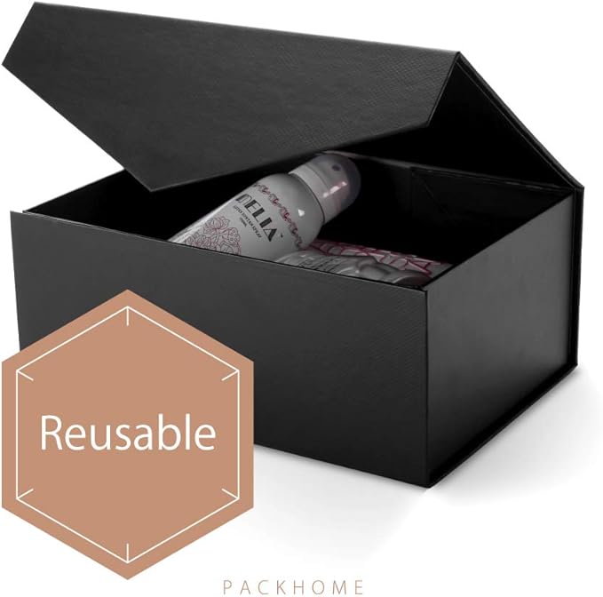 PACKHOME Gift Box 9x6.5x3.8 Inches, Rectangle Collapsible Box with Magnetic Lid for Gift Packaging (Matte Black, Grain Texture)