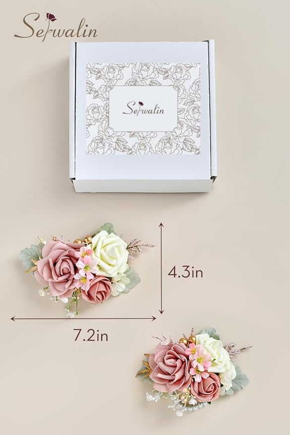 Serwalin Pink Corsage and Boutonniere Set 2 PCS, 6-7 Inch Boutonniere and Wrist Corsage Wristband Prom Flower Wedding Flowers Accessories Prom Suit Decorations Cake Topper