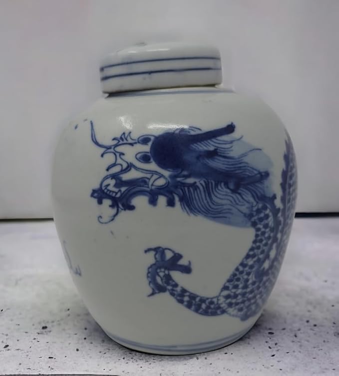 Festcool Retro Antique Like Style Blue and White Porcelain Dragon Ceramic Covered Jar Vase, China Ming Style, Jingdezhen (6.5 inches H)
