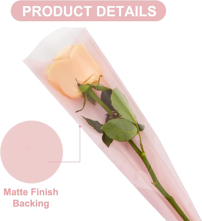 BEISHIDA 100 PCS Single Rose Sleeve Bouquet Bags Plastic Single Flower Wrapping Rose Packaging For Mother's Day Graduation Wedding Birthday Valentine's Day Party (Pink with Matte Back)