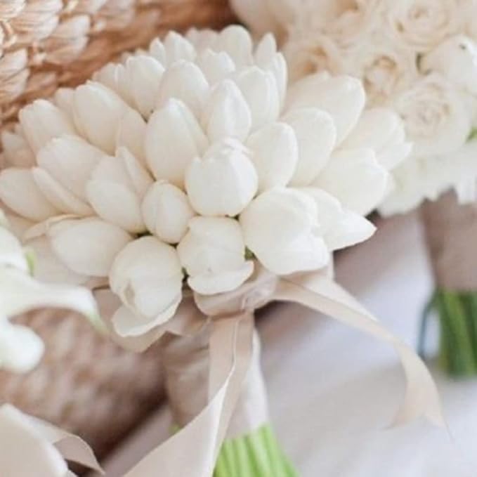 IPOPU 24PCS White Tulips Artificial Flowers Real Touch Tulips Flowers White Fake Tulips Flowers for Home Table Decoration Wedding Bouquet Party Baby Shower Centerpieces Bridal Bouquet Decor (White)