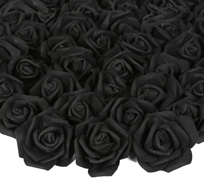 Artificial Rose Flower Heads, 100pcs Black Fake Roses Artificial Flower Foam Rose Heads for DIY Wedding Bouquets Centerpieces Arrangements Party Baby Shower Home Decor (Stemless, Black)