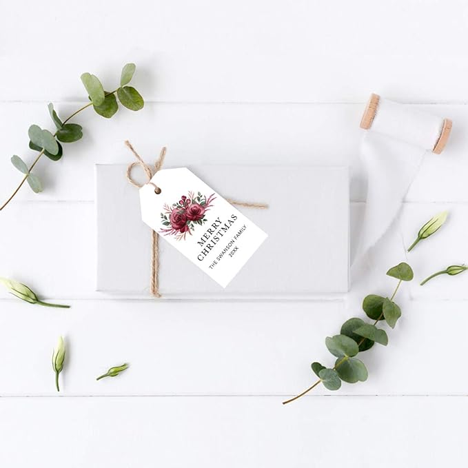 Andaz Press Personalized Christmas Holiday Season Classic Gift Tags, Merry Christmas Custom Family Name and Year, Burgundy Floral Roses Design, for Holiday Events, Parties, and Favors, 60-Pack