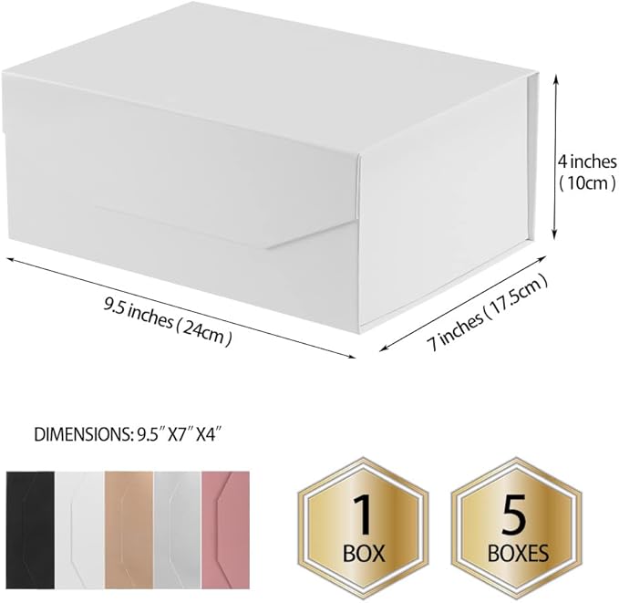 5PCS White Gift Box 9.5x7x4 Inches, Sturdy Gift Box with Lid for Gift Packaging, Foldable Magnetic Closure Storage Boxes, Bridesmaid proposal box, Rectangle Collapsible Box