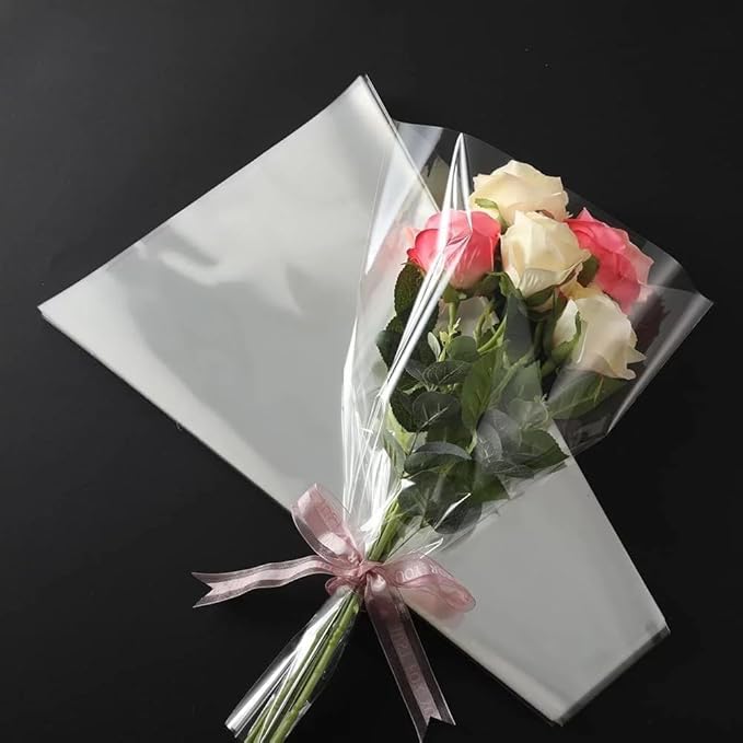 WLngtv 100 Pcs Clear Plastic Flower Bouquet Sleeve Bags, Sleeve Transparent Cellophane Bags Rose Packaging Gift Wrap Cellophane for Valentine's Day