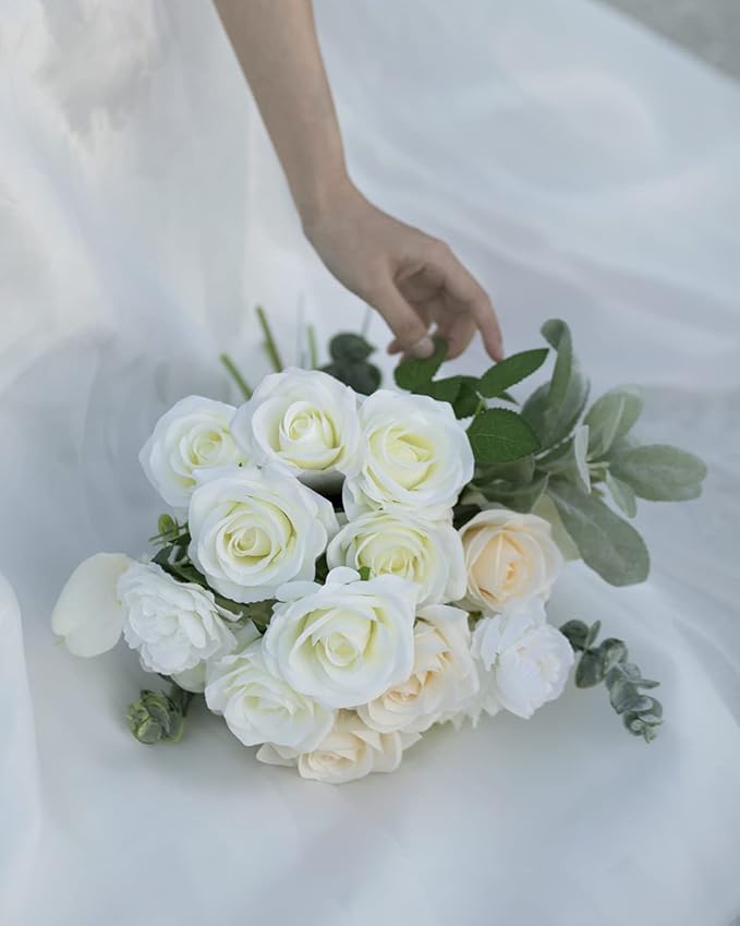 LFF 10pcs Silk Roses Artificial Flowers Fake Long Stem Roses for DIY Wedding Bouquet Home Decoration (Ivory)