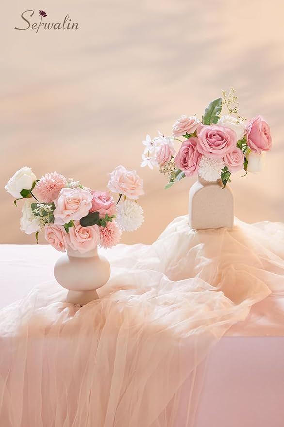 Serwalin Artificial Flowers Fake Silk Flowers for DIY Wedding Bouquets Cake Decoration Mixed Roses Combo Blush Pink and White Flower Centerpieces Arrangements for Party Table Chair Decor