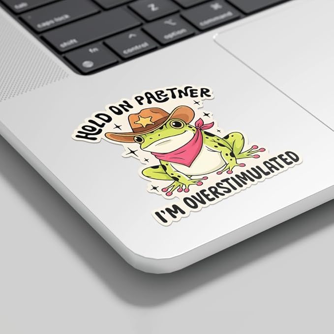 HANDICHI Design 5-Pack 4 Inch Hold On Partner I’m Overstimulated Stickers – Funny Meme Vinyl Decals for Water Bottles, Laptops, Journals, Scrapbooks – Sarcastic Gift for Frog Lovers