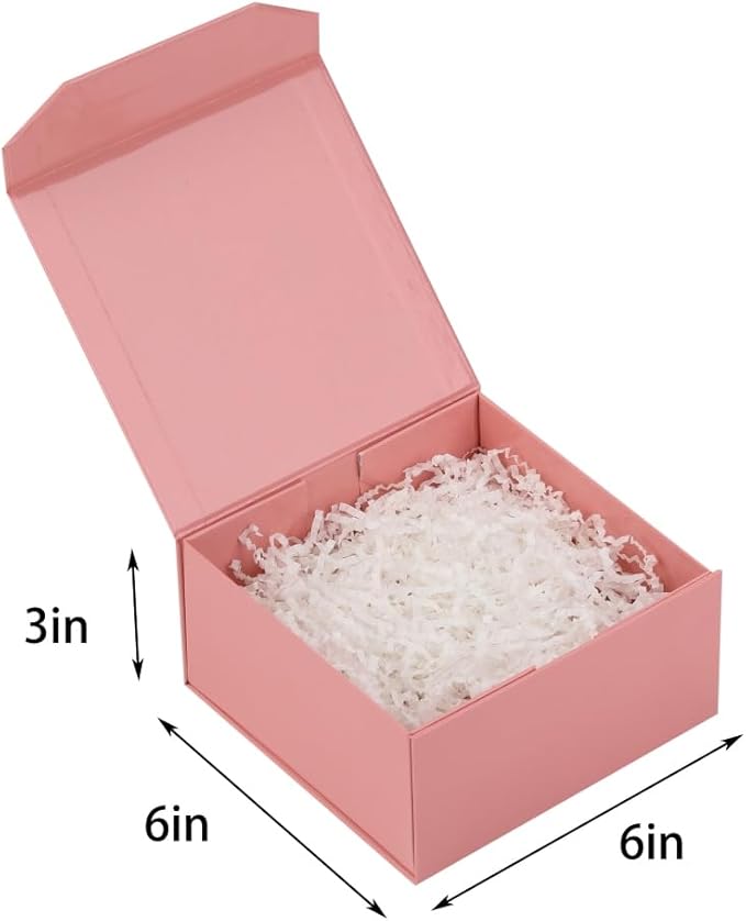 1 Pcs 6x6x3 Inch Pink Magnetic Gift Box Small Magnetic Box with Crinkle Paper Pink Small Gift Box with Shredded Paper Luxury Gift Boxes with Lids for Presents