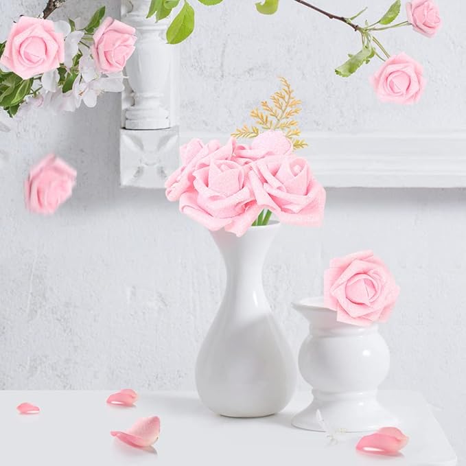 IPOPU Artificial Roses,25pcs Pink Roses Artificial Flowers Glitter Flowers Foam Rose with Stem for DIY Wedding Bridal Bouquet Home Party Decoration(Pink)