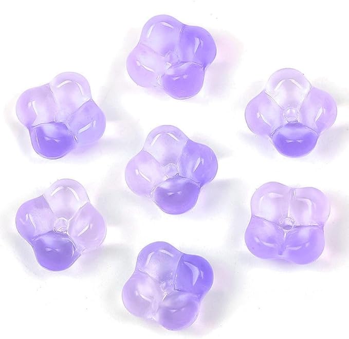 100PCS Glass Flower Beads for Jewelry Making 4 Petal Flower Bead Caps Gradient Cute Floral Beads Aesthetic Charms for Necklace Bracelets Earrings DIY Craft Home Decoration-Purple