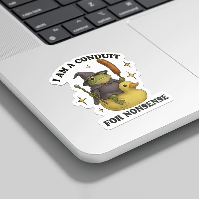 HANDICHI Design 5-Pack 2 Inch Funny Frog Stickers – “I Am a Conduit for Nonsense” Wizard Frog Vinyl Decals – Quirky Meme Sticker Pack for Laptops, Water Bottles, Journals and Scrapbooks