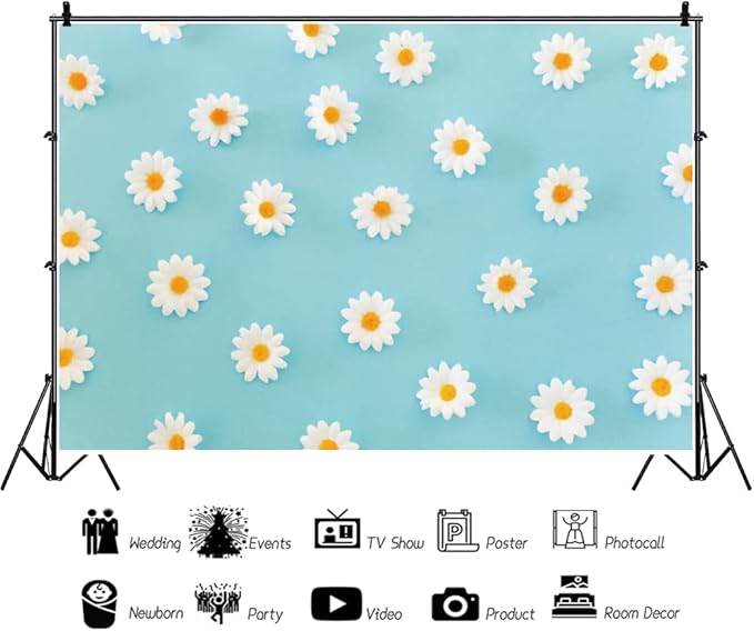 Daisy Flower Backdrop for Photography White Floral Blue Photo Background Baby Shower Birthday Party Decorations Cake Table Banner Girls Children Portrait Photoshoot Studio Props 7x5ft Vinyl
