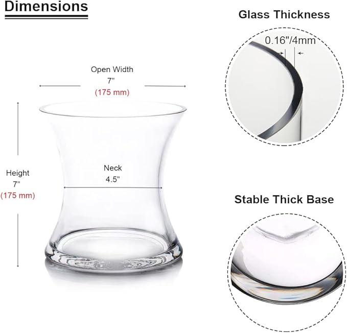 Enova Floral Unique Bouquet Vase, 7" W 7" H, Clear Short Hurricane Concave Flowers Glass Vase for Home Wedding Event Decor (1 Piece)
