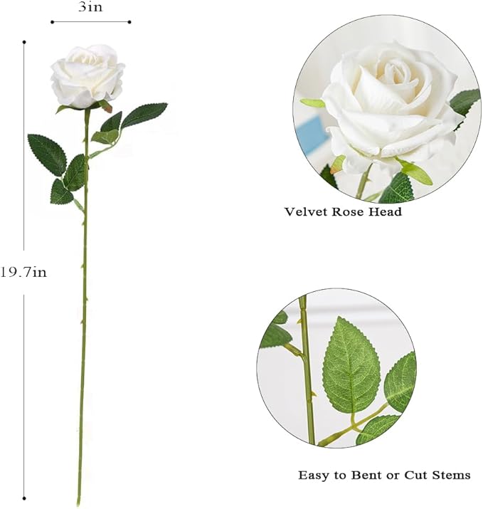 Artificial Roses 12PCS Velvet Rose Real Touch Flowers for Floral Arrangement Bridal Wedding Centerpieces Home Party Decor (White)