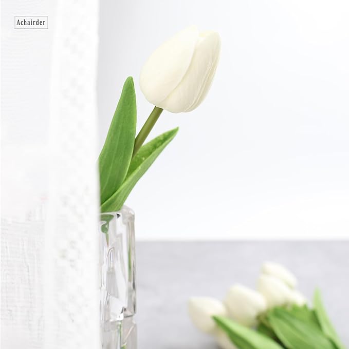 30pcs Tulips Artificial Flowers, Artificial Latex Real Touch Tulips Flowers Bouquet for Mother's Day Easter Wedding Party Home Decor-White
