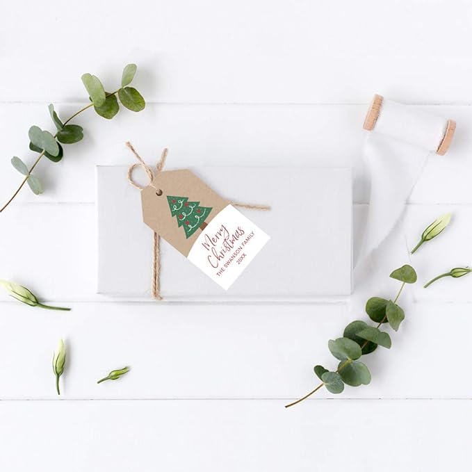 Andaz Press Personalized Christmas Holiday Season Classic Gift Tags, Merry Christmas Custom Family Name and Year, Christmas Tree Design, for Holiday Events, Parties, and Favors, 60-Pack