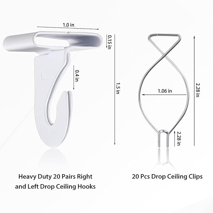 40 Drop Ceiling Hooks for Classrooms & Offices, White Heavy Duty Ceiling Hooks for Hanging Plants & Decorations, Metal T-Bar Hooks for Suspended Drop Ceiling Tiles