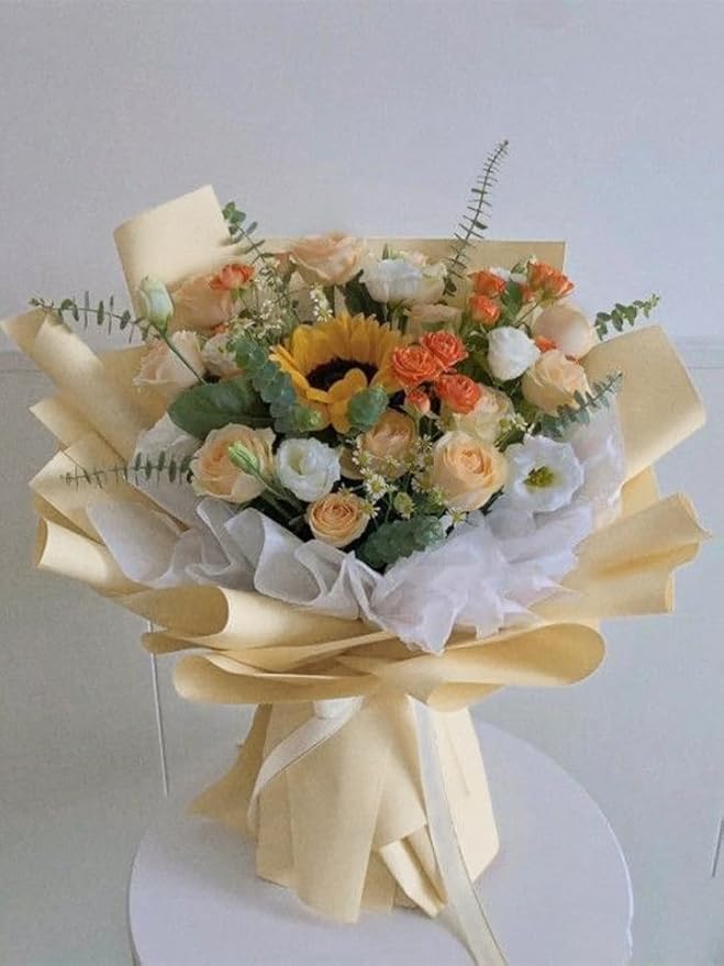 LeZakaa 20 Sheets Flower Wrapping Paper - Waterproof Reversible Floral Bouquet Paper - Cream Yellow Design for Valentine's Day, Mother's Day, Parties, Birthdays, Weddings, Baby Shower
