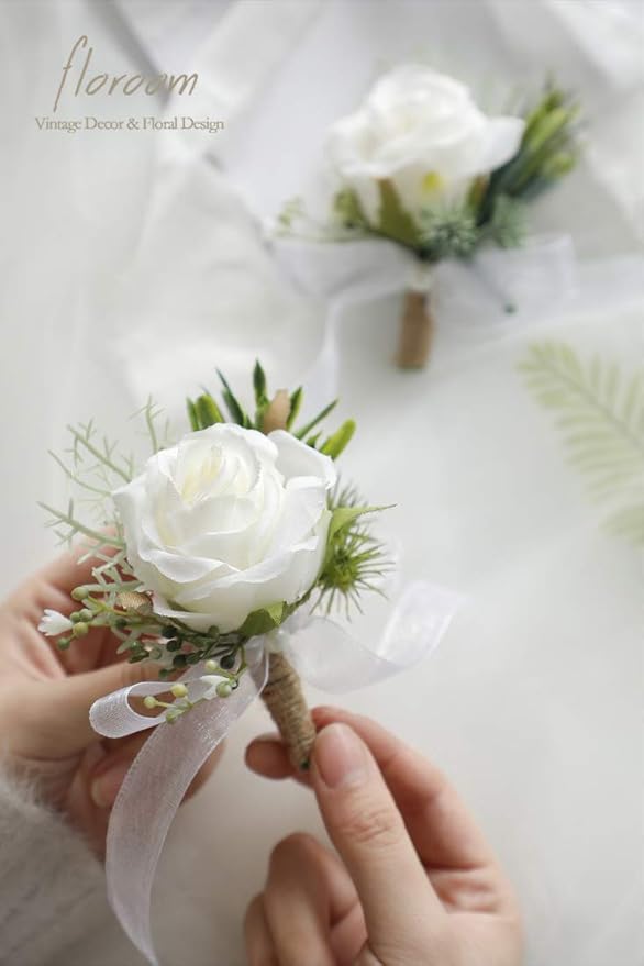 Floroom Ivory Rose Boutonnieres for Best Men Groom Groomsmen White Wedding Prom Set of 2