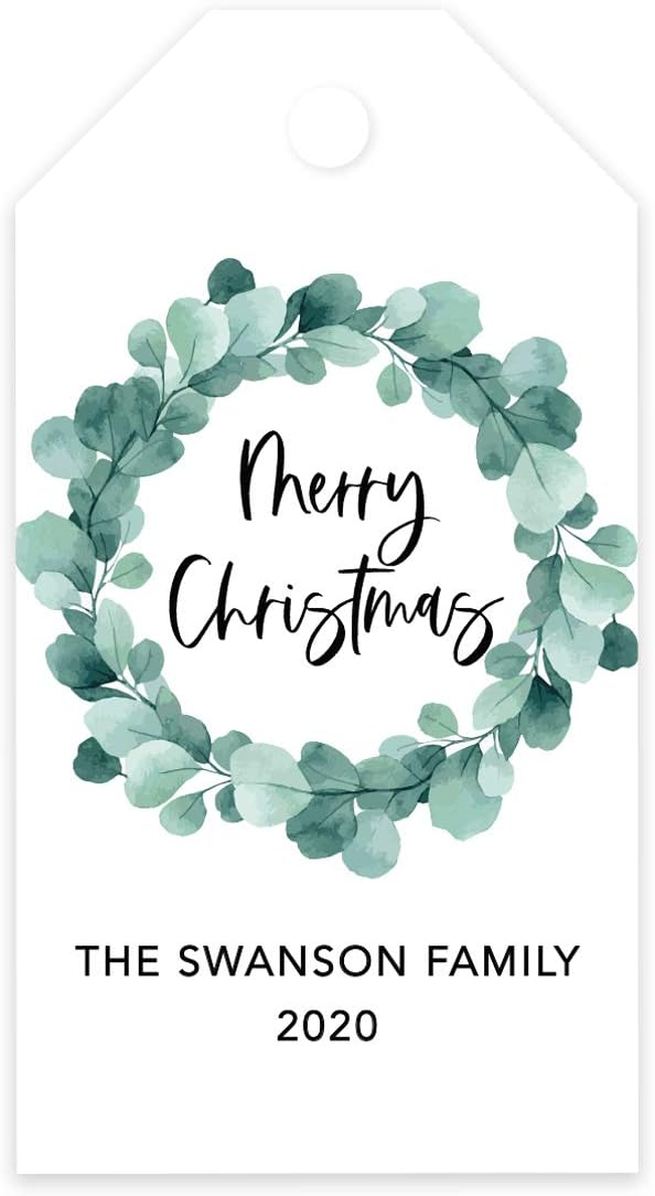 Andaz Press Personalized Christmas Holiday Season Classic Gift Tags, Merry Christmas Custom Family Name and Year, Eucalyptus Wreath Design, for Holiday Events, Parties, and Favors, 60-Pack