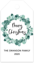 Andaz Press Personalized Christmas Holiday Season Classic Gift Tags, Merry Christmas Custom Family Name and Year, Eucalyptus Wreath Design, for Holiday Events, Parties, and Favors, 60-Pack