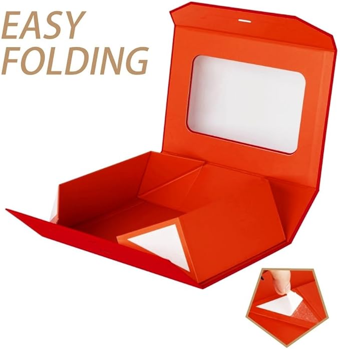 Red Gift Box for Presents with Ribbon 10.8x7.5x3.5 Inches Clear Gift Box with Window Magnetic Closure Gift Boxes with Lids