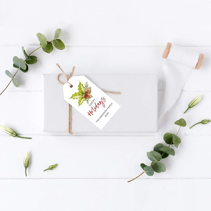Andaz Press Personalized Christmas Holiday Season Classic Gift Tags, Happy Holidays Custom Family Name and Year, Holly Leaf Design, for Holiday Events, Parties, and Favors, 60-Pack