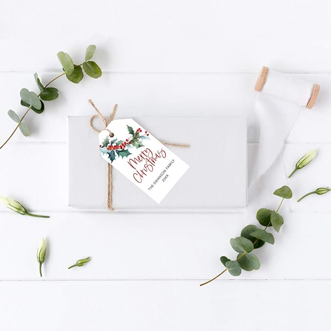 Andaz Press Personalized Christmas Holiday Season Classic Gift Tags, Merry Christmas Custom Family Name and Year, Watercolor Holly Branch Leaves Design, for Holiday Events, Parties, Favors, 60-Pack