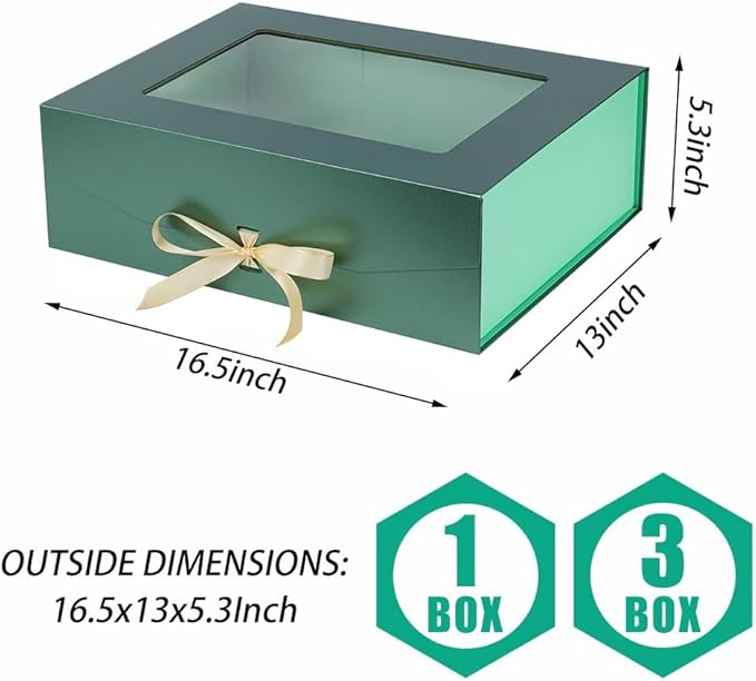 Green Extra Large Gift Box for Presents with Ribbon 16.5x13x5.3 Inches Clear Gift Box with Window Magnetic Closure Gift Boxes with Lids