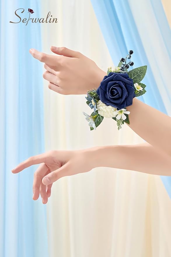 Serwalin 2Pcs Dark Blue Wrist Corsage for Wedding, Corsages Wristlet for Bridesmaid Mother Grandmother, Artificial Flowers for Prom Ceremony Anniversary