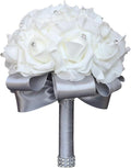 Wedding Bouquet, Silver Bouquet for Bride Bridesmaid with Diamond Soft Ribbons, Artificial Rose Bridal Holding Flowers for Party Church