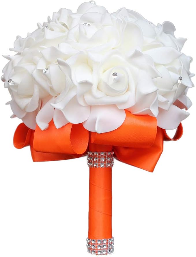 Wedding Bouquet, Orange Bouquet for Bride Bridesmaid with Diamond Soft Ribbons, Artificial Rose Bridal Holding Flowers for Party Church
