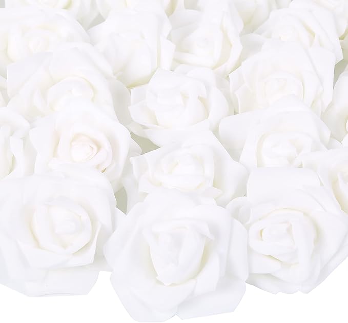 Artificial Rose Flower Heads, 100pcs White Foam Roses Artificial Flower Heads Fake Rose for DIY Wedding Bouquets Centerpieces Arrangements Party Baby Shower Home Decor (Stemless,White)