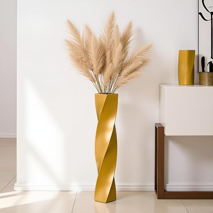 Tall Gold Floor Vase - 23.6 Inch Modern Square Twist Vases for Home Decor, Large Decorative Vase for Dried Flowers, Pampas Grass, Centerpiece - Matte Finish