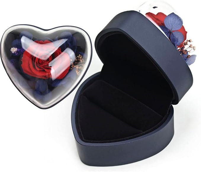 Preserved Flower Rose Ring Box, Heart Shape Velvet Jewelry Box for Valentine's Day Mother's Day Wedding Anniversary Birthday Gift, Dark Blue