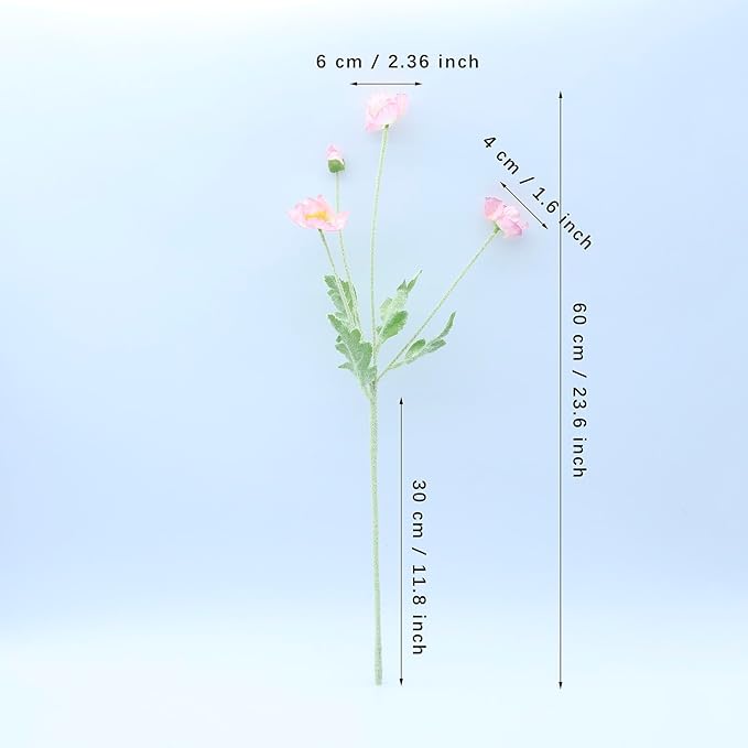 2 Pcs Artificial Fake Flowers Plants Poppies Silk Flower Arrangements Wedding Bouquets Decorations Plastic Floral Table Centerpieces for Home Kitchen Garden Party Decor Approx 23.6" High - Light Pink