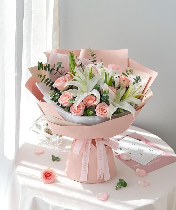 LeZakaa 20 Sheets Flower Wrapping Paper - Waterproof Reversible Floral Bouquet Paper - Sky Blue and Pink Design for Valentine's Day, Mother's Day, Parties, Birthdays, Weddings, Baby Shower