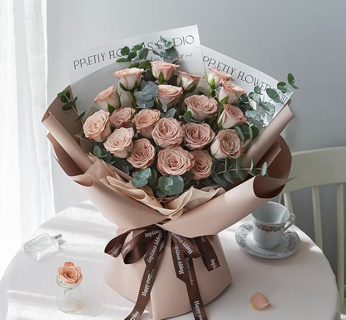 LeZakaa 20 Sheets Flower Wrapping Paper - Waterproof Reversible Floral Bouquet Paper - Brown Design for Valentine's Day, Mother's Day, Parties, Birthdays, Weddings, Baby Shower