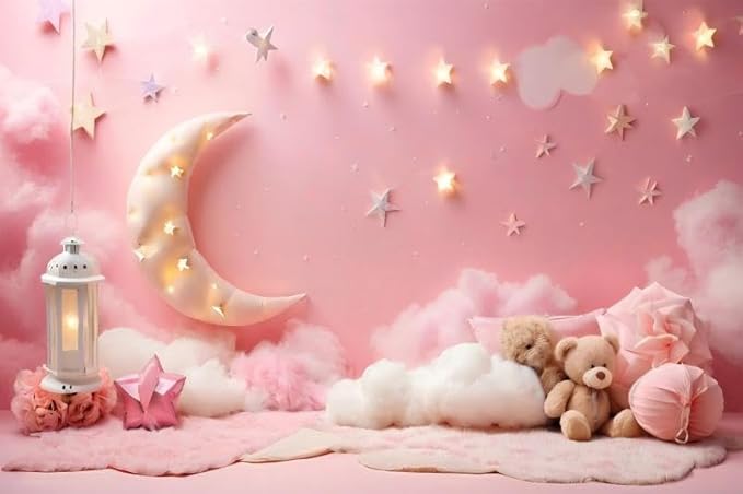 7x5ft Pink Cotton Cloud Backdrop Pink Flowers Moon and Stars Light Decor Cute Teddy Photography Background Children Baby Shower Backdrops for Shoot Photo Video Prop